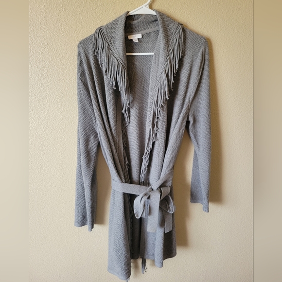 J. JILL fringed wrap knitted midi cardigan tie waist sweater, MP - Picture 1 of 6